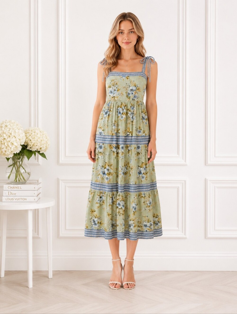 By the River Floral Midi Sundress Size Large Cottagecore Coastal Romantic Dress